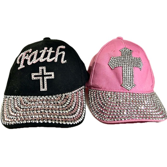 2 LN Women’s Hats Black Faith & Cross and One Pink with Cross - Picture 1 of 5